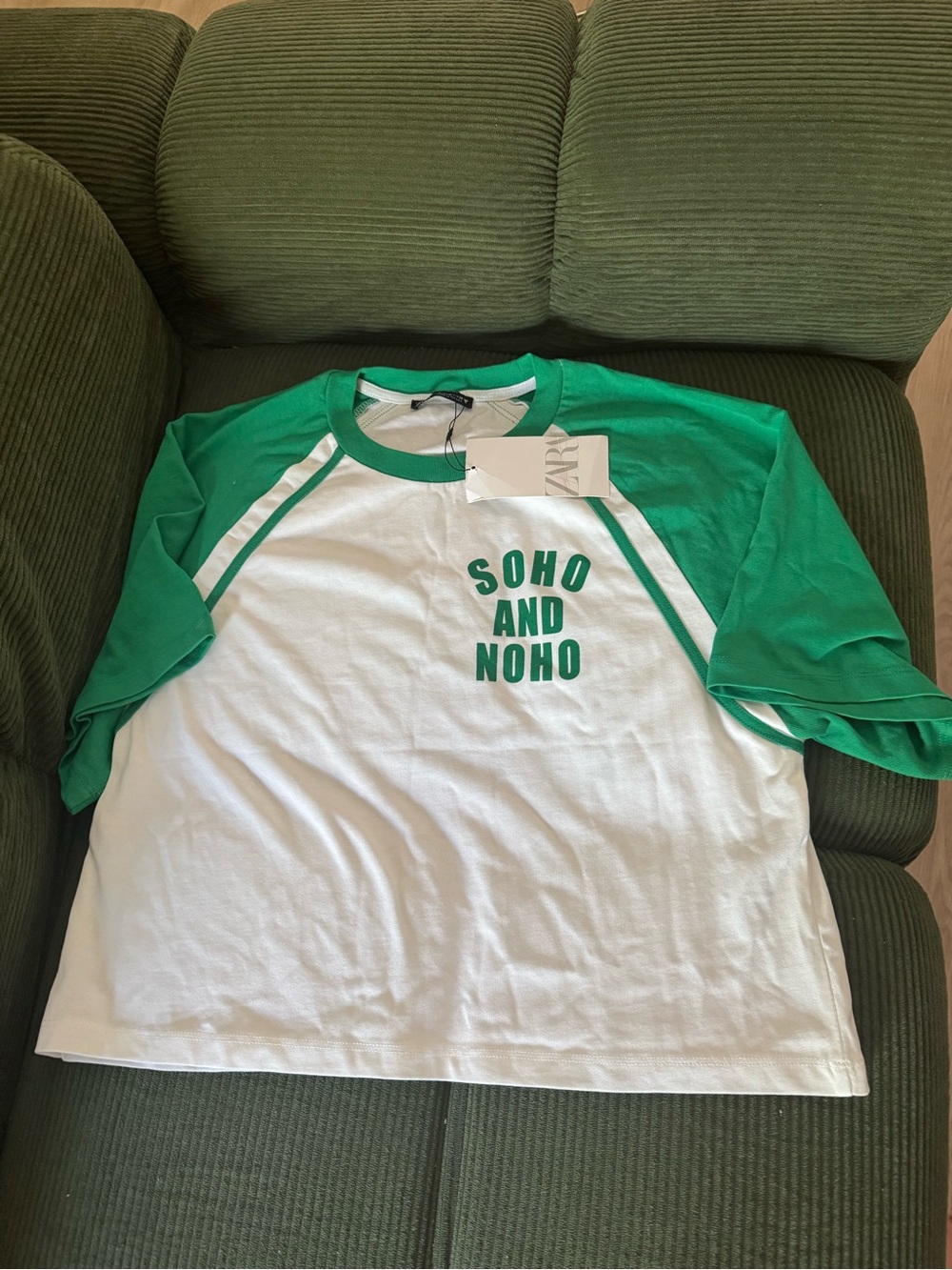 Zara White and Green Raglan Tee - SOHO AND NOHO Print